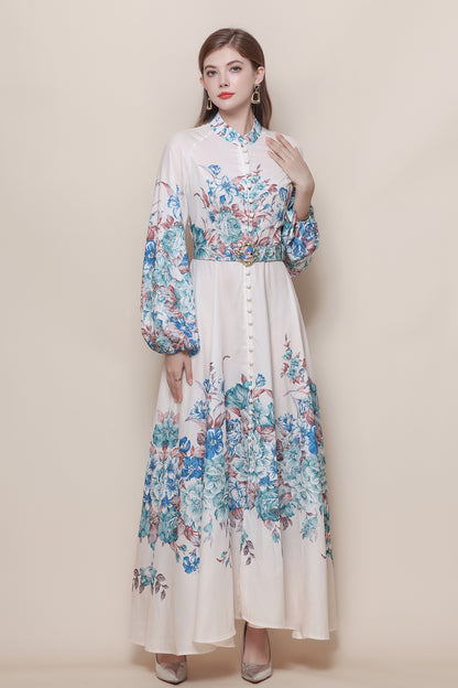 26-Women's Floral Print Puff Sleeve Button Maxi Dress - LAI MENG FIVE CATS
