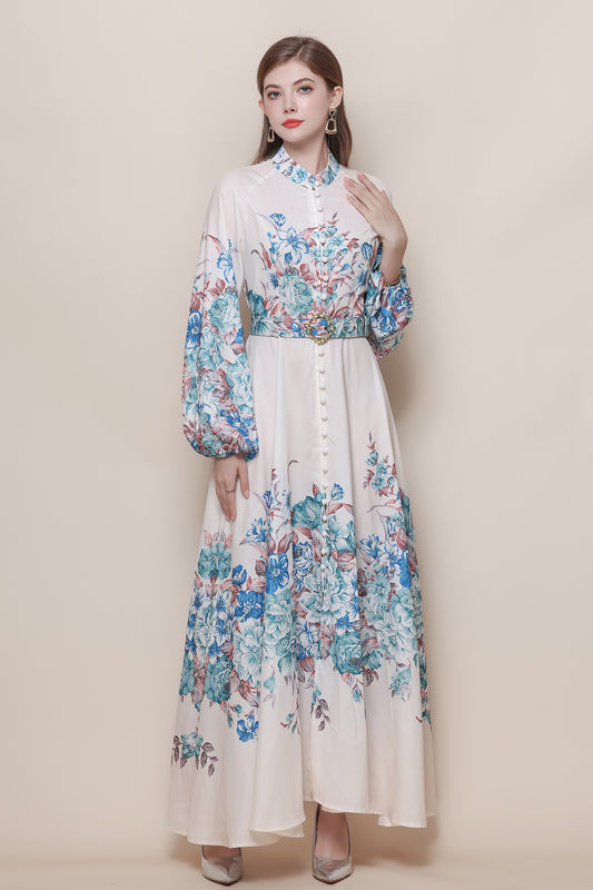 26-Women's Floral Print Puff Sleeve Button Maxi Dress - LAI MENG FIVE CATS