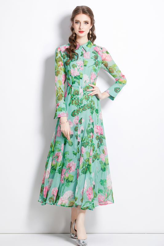 Women's Floral Print Button Up Split Maxi Dress