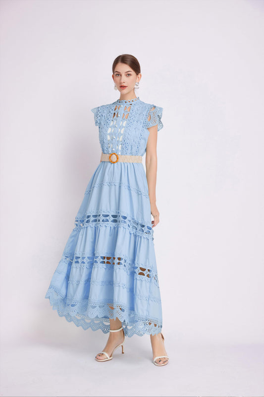 Womens Lace Hollow Ruffled  Maxi  Dress