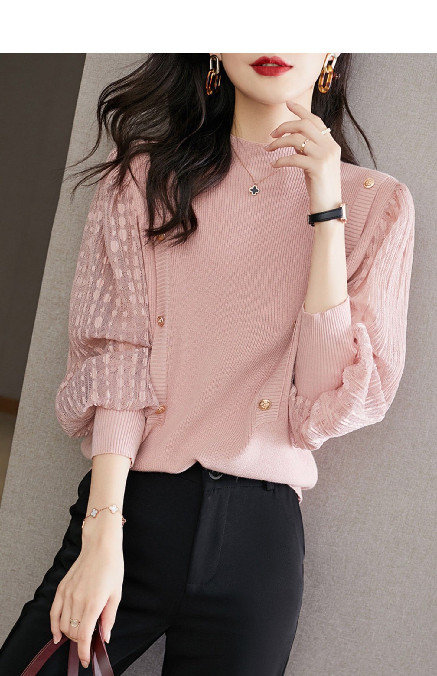 Soft Mock Neck Puff Sleeve Knit Top | Pink & Sage Green