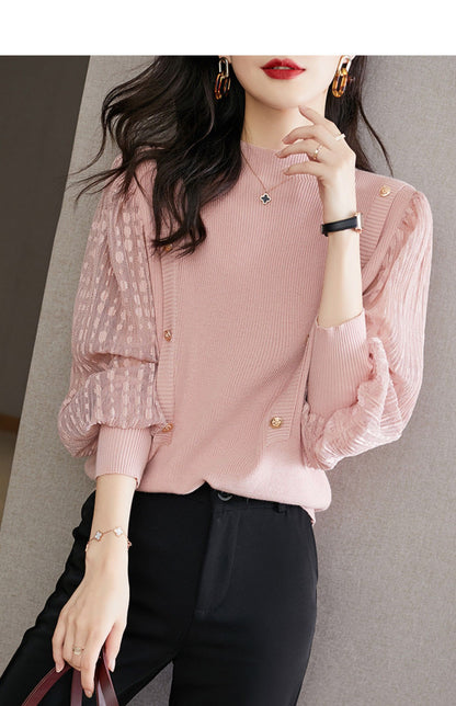 Soft Mock Neck Puff Sleeve Knit Top | Pink & Sage Green