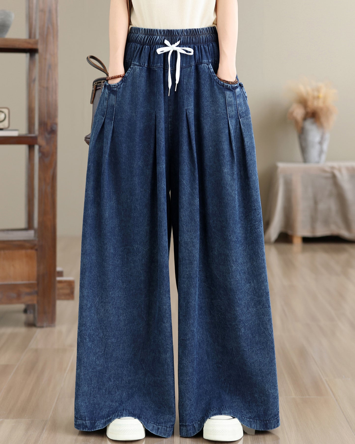 Vintage Loose Fit Drawstring High Waist Jeans Casual Wide Leg Pants