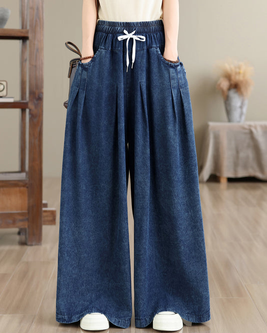 Vintage Loose Fit Drawstring High Waist Jeans Casual Wide Leg Pants - LAI MENG FIVE CATS