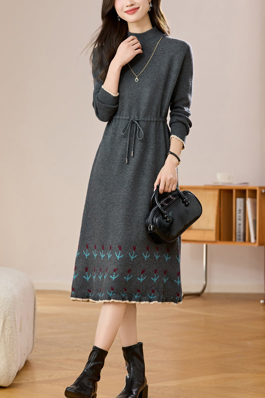 Women's Wool Sweater Drawstring Waist Print Knit Midi Dress