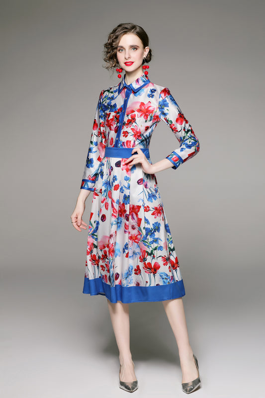FSY-Women's Floral Print Button A-line Flowy Midi Dress