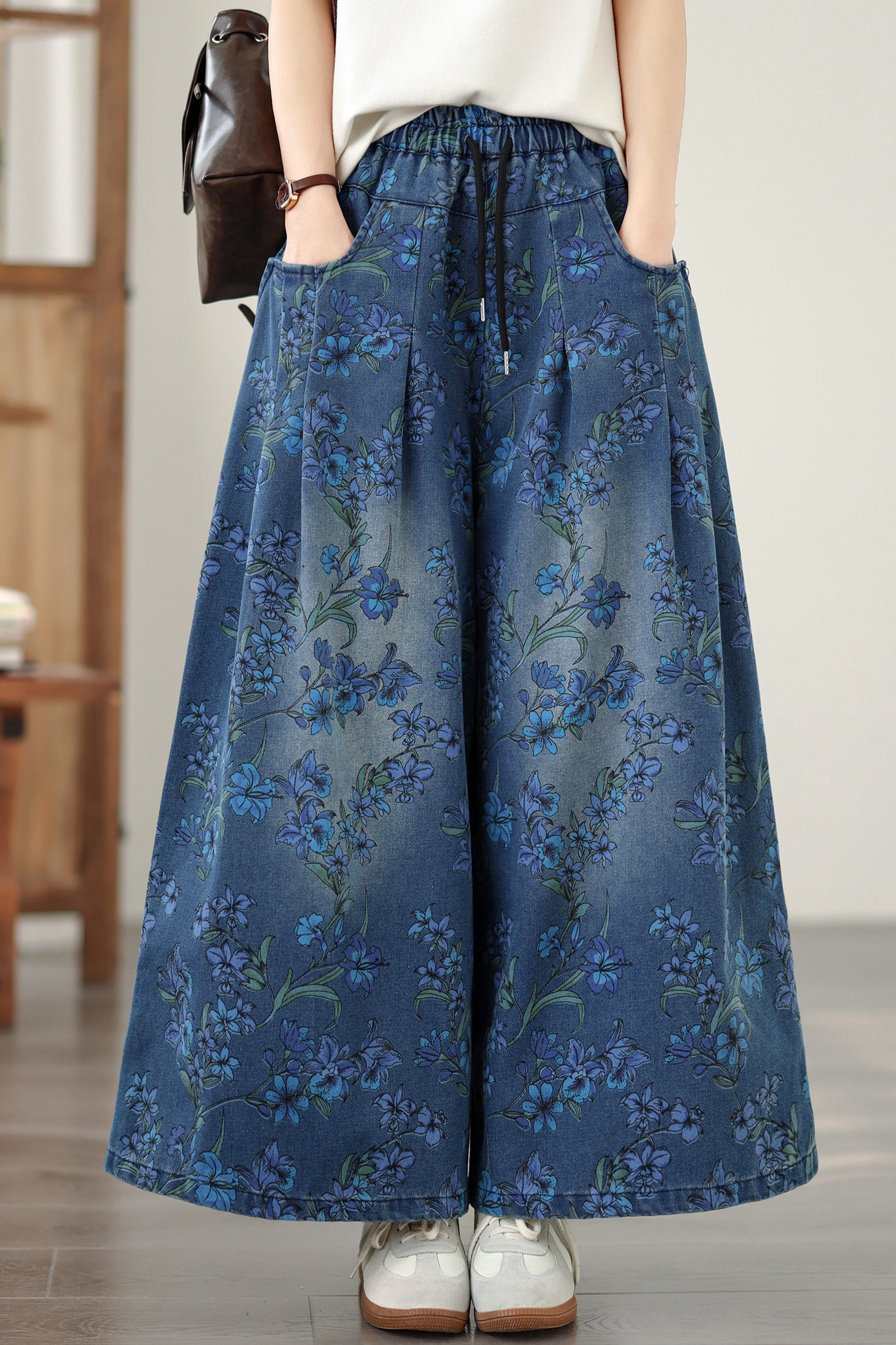 26-Women's Jeans Elastic Waist Baggy Wide Leg Denim - LAI MENG FIVE CATS