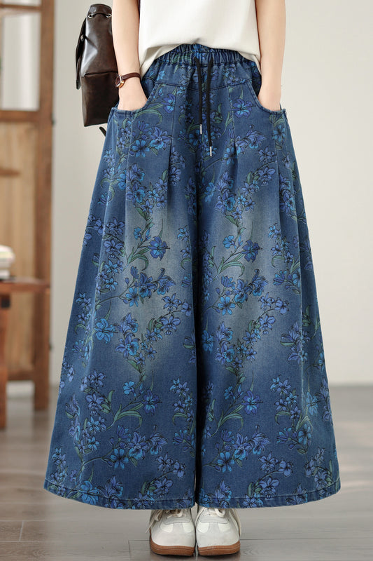 26-Women's Jeans Elastic Waist Baggy Wide Leg Denim - LAI MENG FIVE CATS