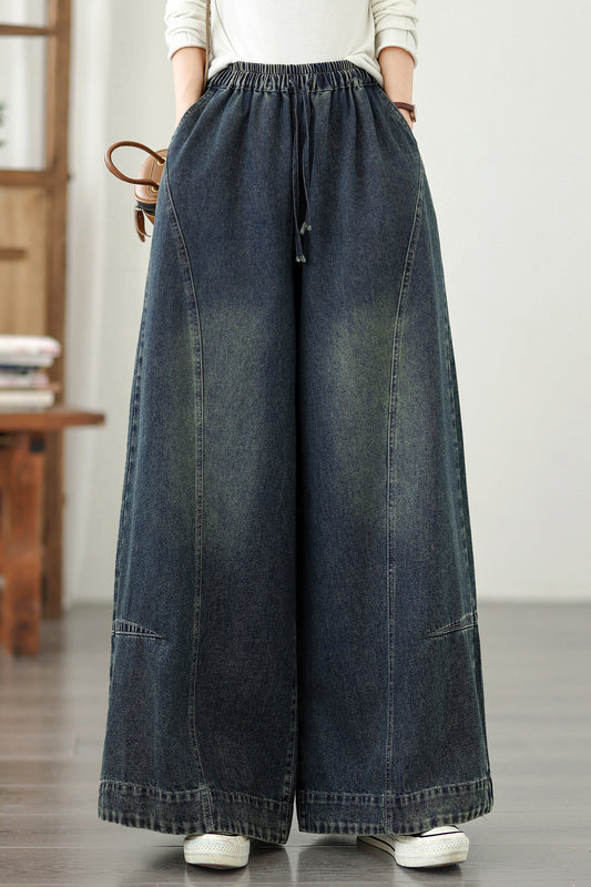 Jeans for Women Wide Leg Pull On Elastic Waist Denim - LAI MENG FIVE CATS