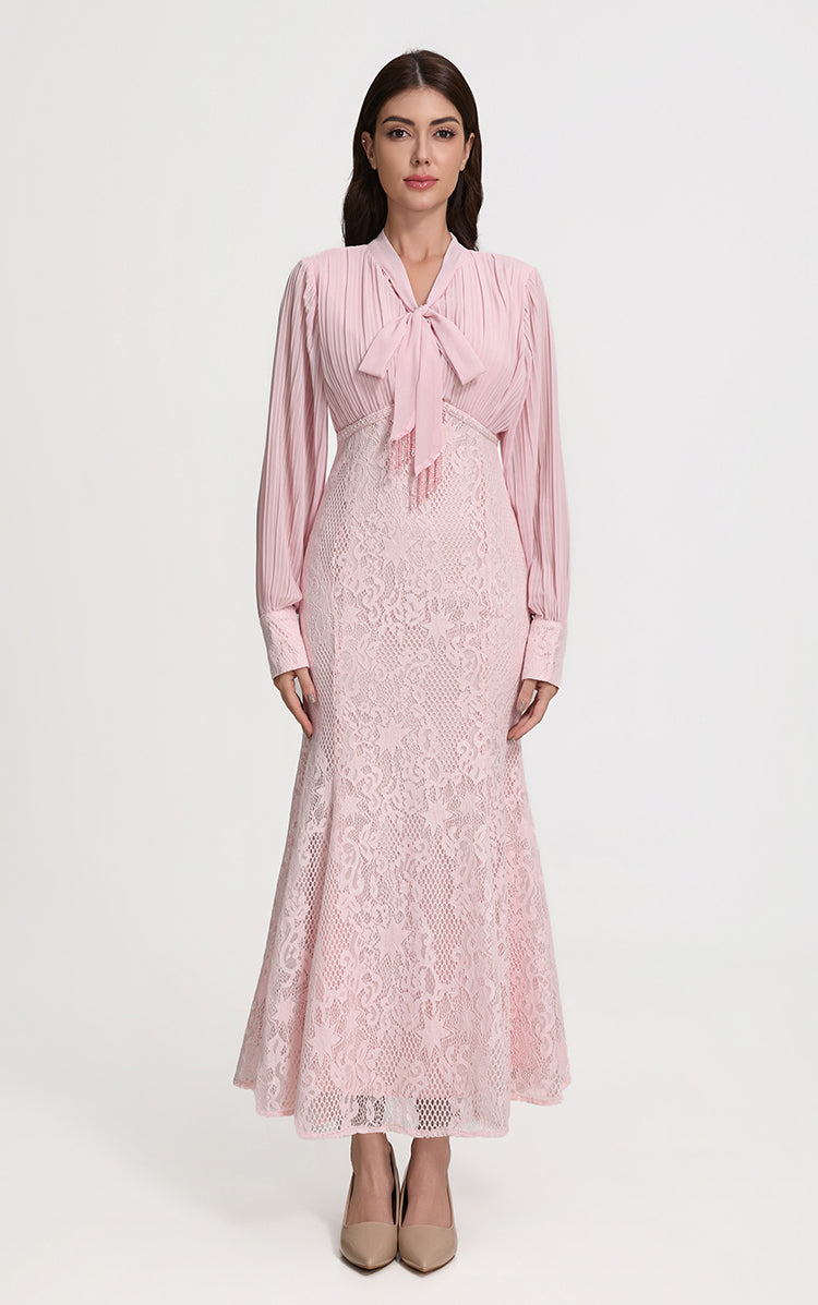 Elegant Pleated & Lace Midi Dress with Tie Neck, Beaded Details & Flounce Hem - LAI MENG FIVE CATS