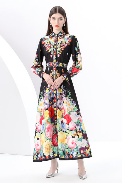 Women's Floral Print  Flowy Button Up Split Maxi Dress