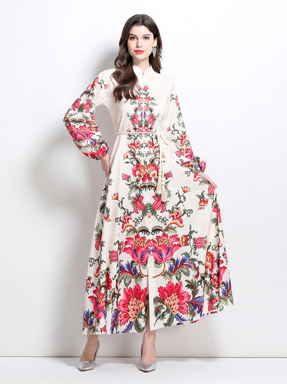 Women's Floral Print Puff Sleeve Split Party Maxi Dress