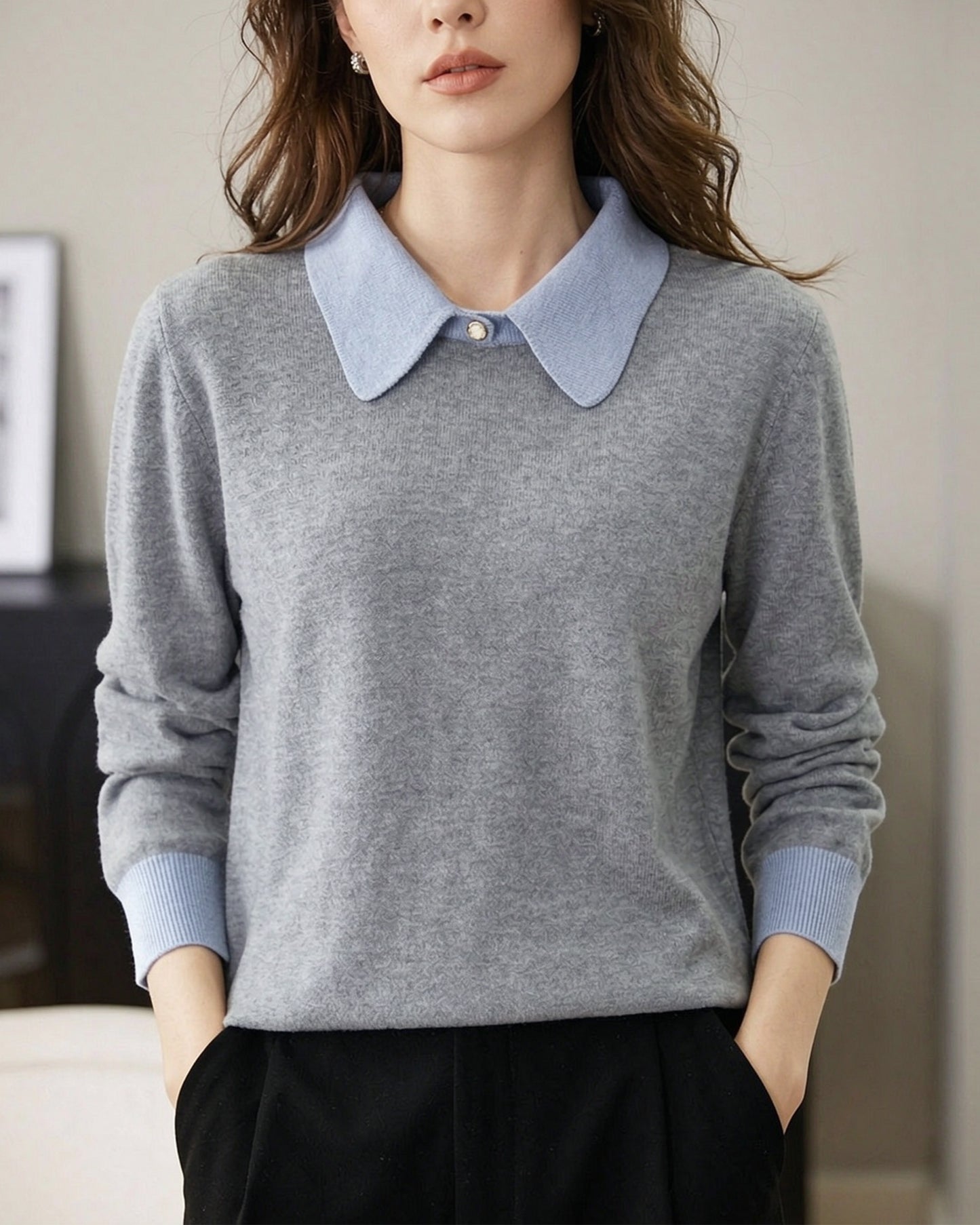 Contrast Collar Knit Sweater – Vintage Long Sleeve Pullover Top