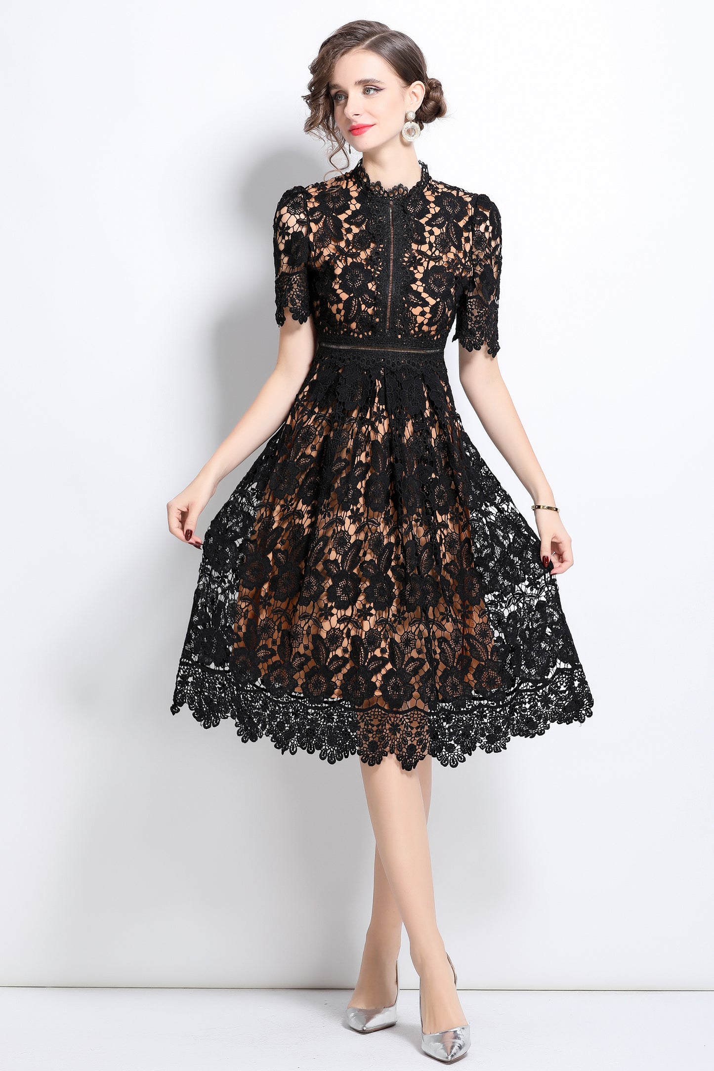 Women's Floral Lace Waist Crochet Midi Dress