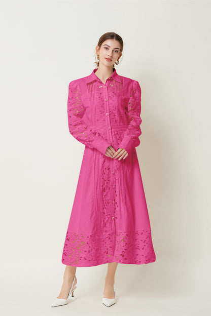 Lapel Long Sleeves Lace Buttons Maxi Dress