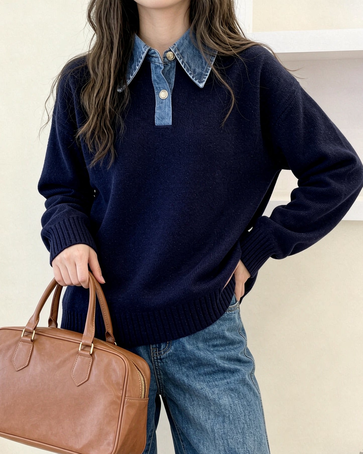 Denim Collar Color-Block Knit Sweater – Faux Two-Piece Long Sleeve Top - LAI MENG FIVE CATS