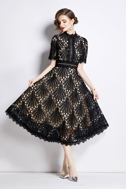 Women's Floral Lace Crew Neck Crochet Waist Midi Dress