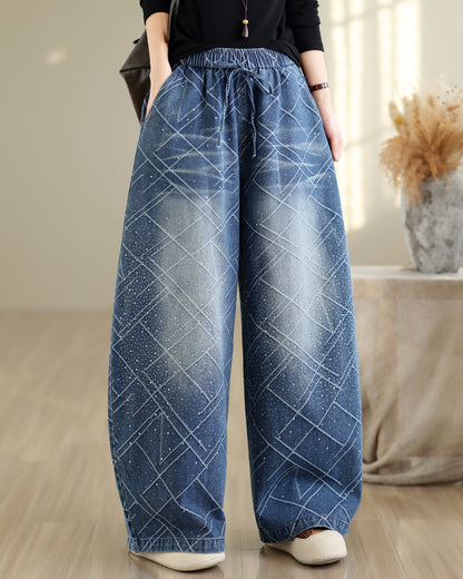 28672-Denim Wide Leg Pants with Diamond Lattice Print & Drawstring Waist