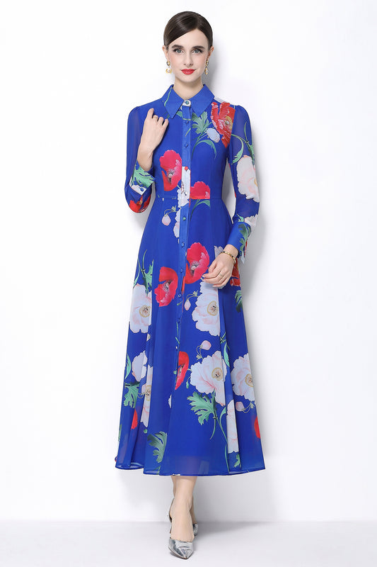 Women's Floral Print Button Up Split Maxi Dress