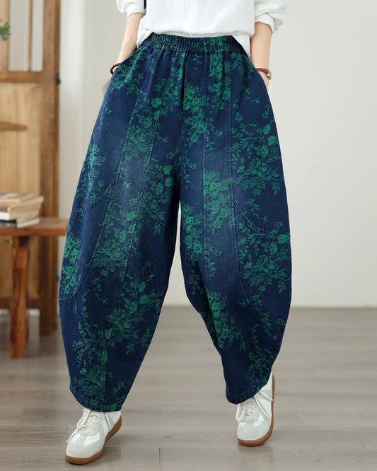 Vintage Print Denim Jeans for Women - High-Waisted, Loose-Fit Harem Pants - LAI MENG FIVE CATS