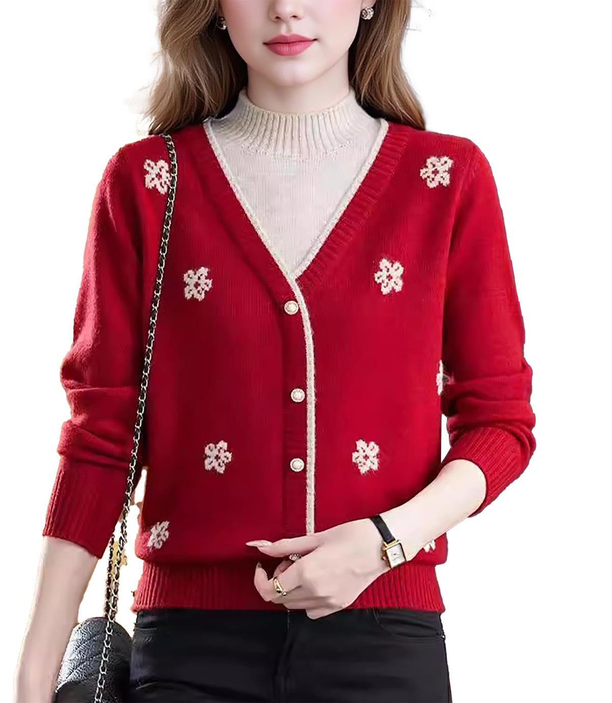 Floral Embroidered V-Neck Knit Sweater Pullover Top Fall Layered