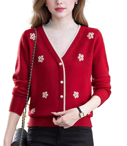 Floral Embroidered V-Neck Knit Sweater Pullover Top Fall Layered