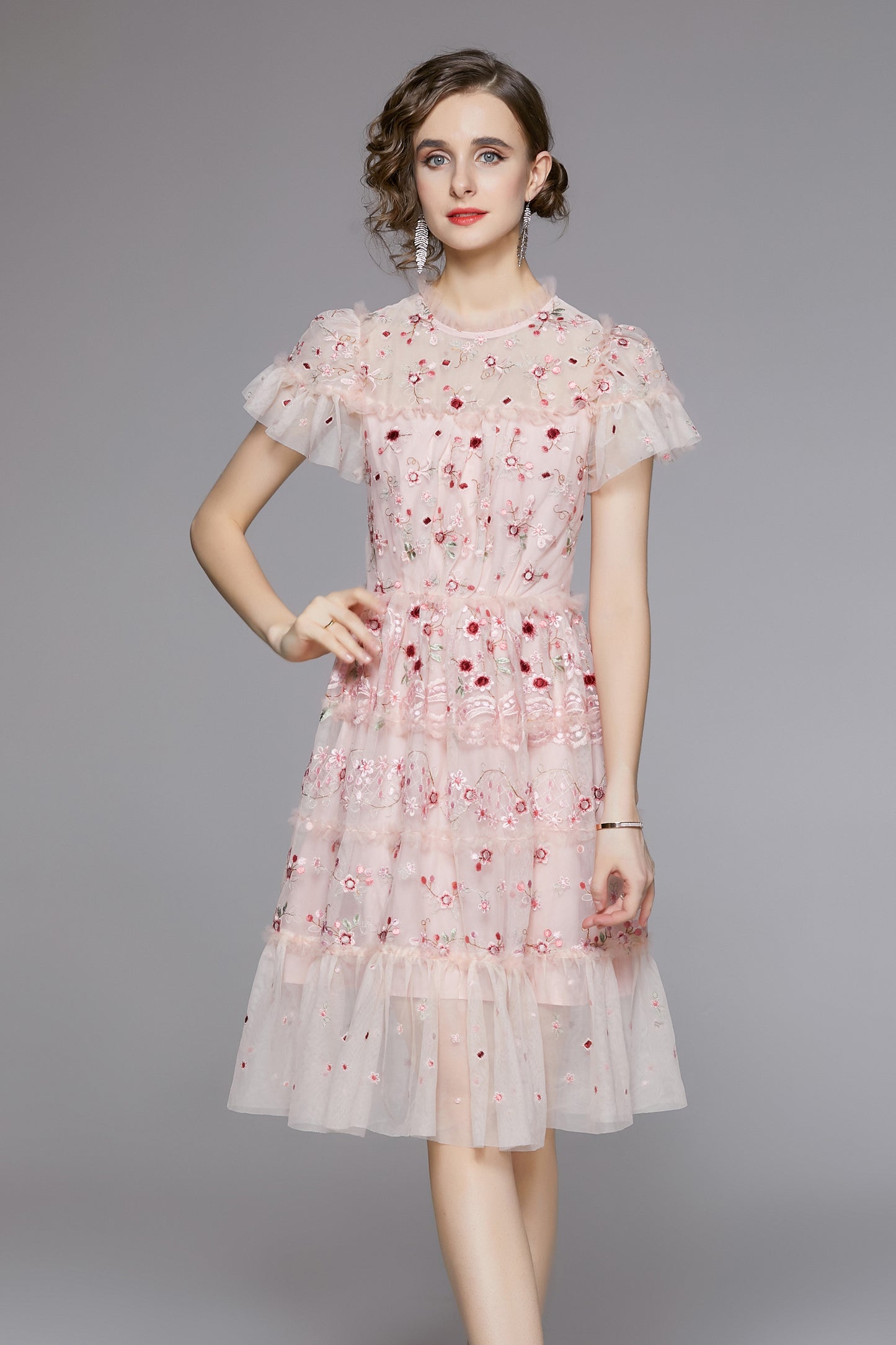 Pink Embroidered Tulle Mini Dress – Romantic Tiered Party Dress