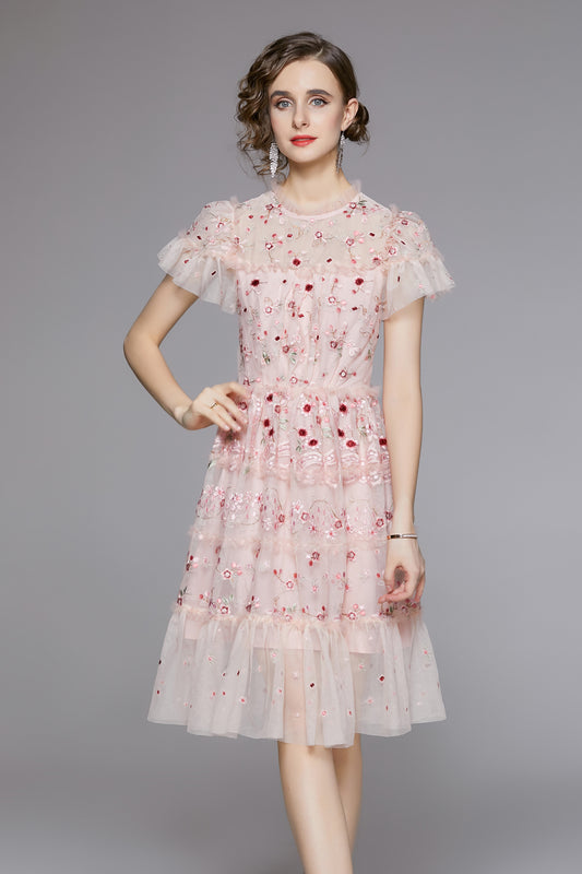 Pink Embroidered Tulle Mini Dress – Romantic Tiered Party Dress