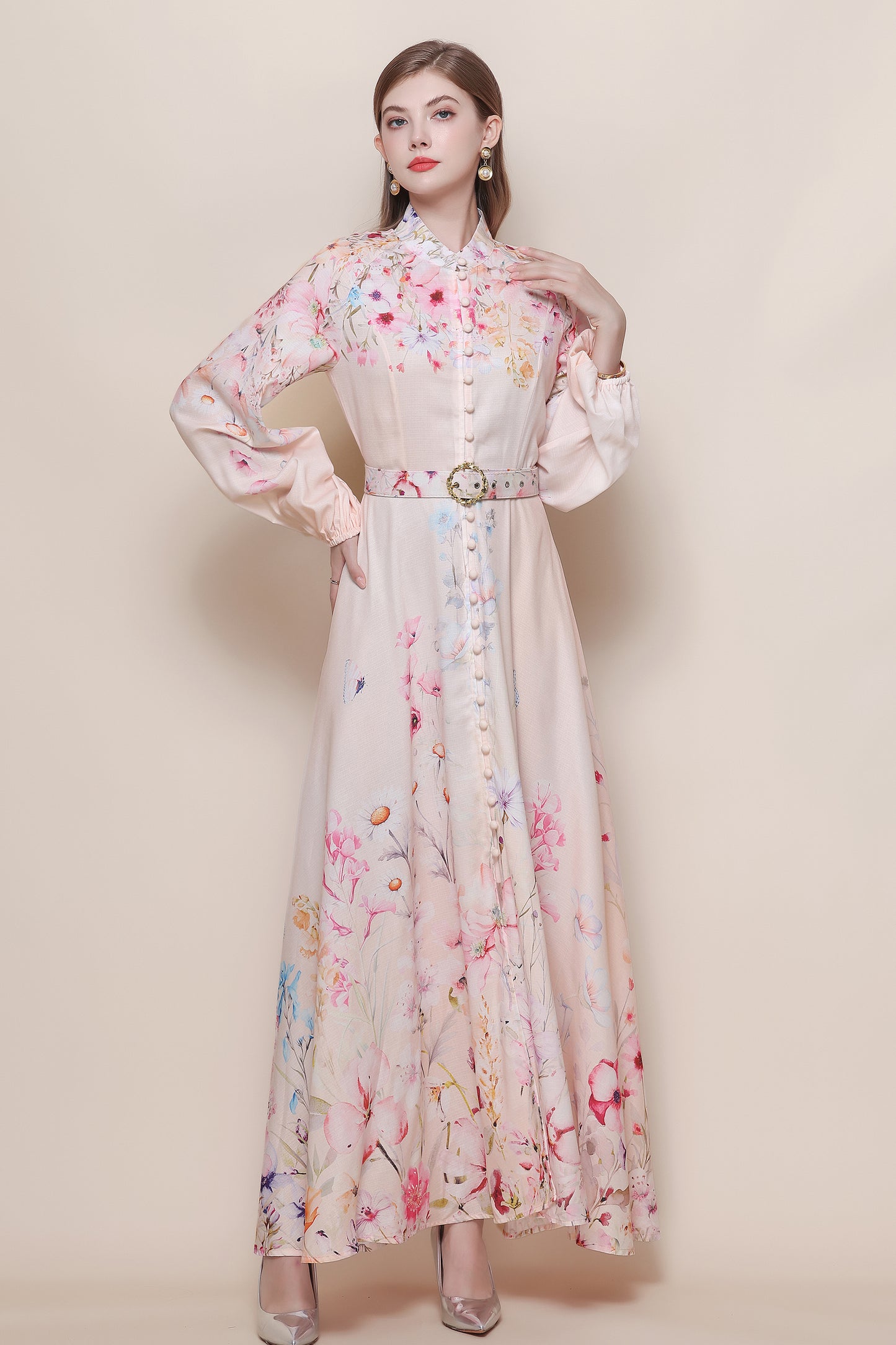 26-Women's Floral Print Puff Sleeve Button Maxi Dress - LAI MENG FIVE CATS