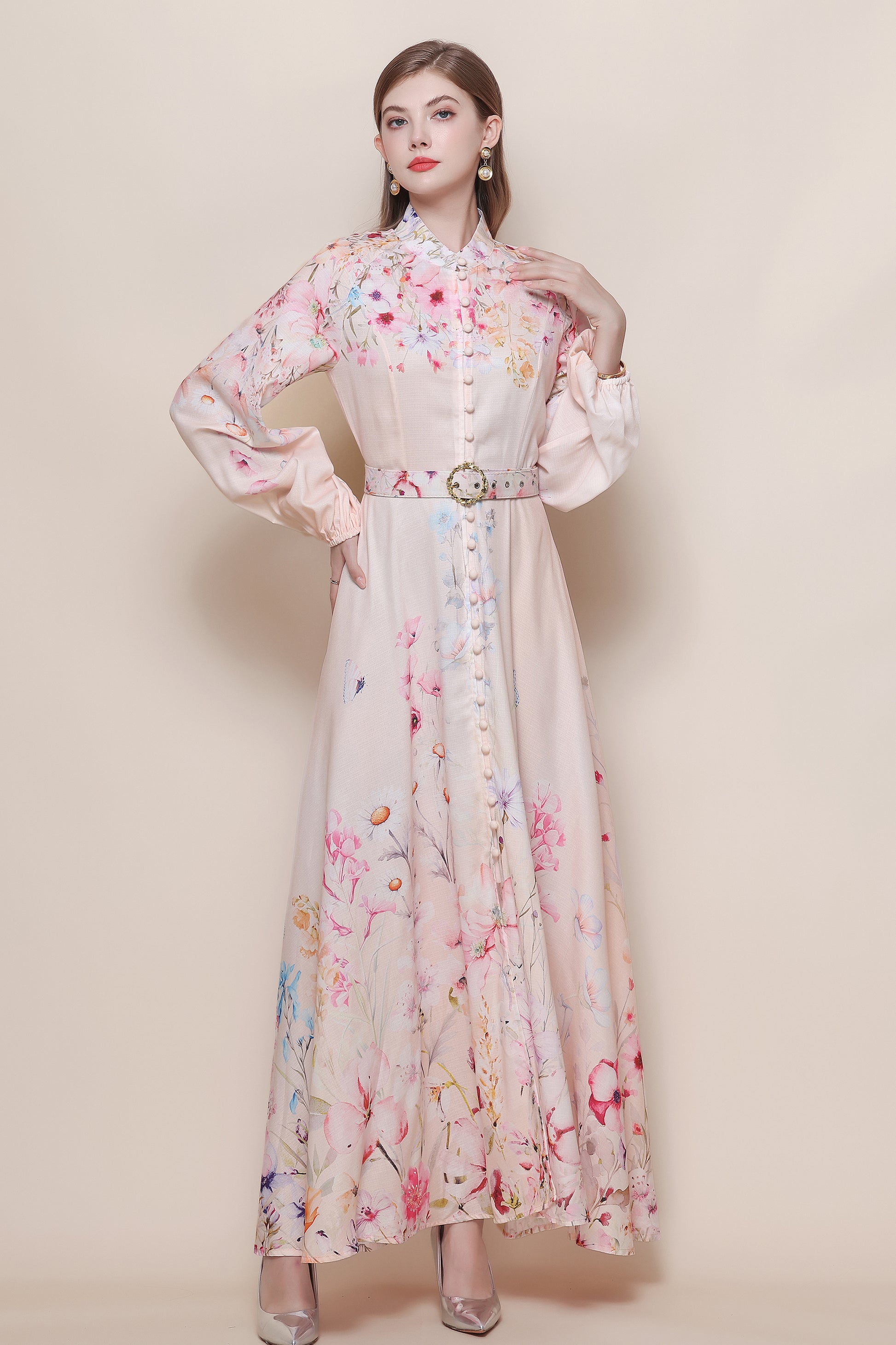 26-Women's Floral Print Puff Sleeve Button Maxi Dress - LAI MENG FIVE CATS