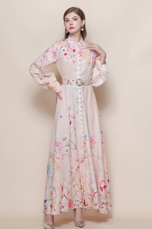 26-Women's Floral Print Puff Sleeve Button Maxi Dress - LAI MENG FIVE CATS