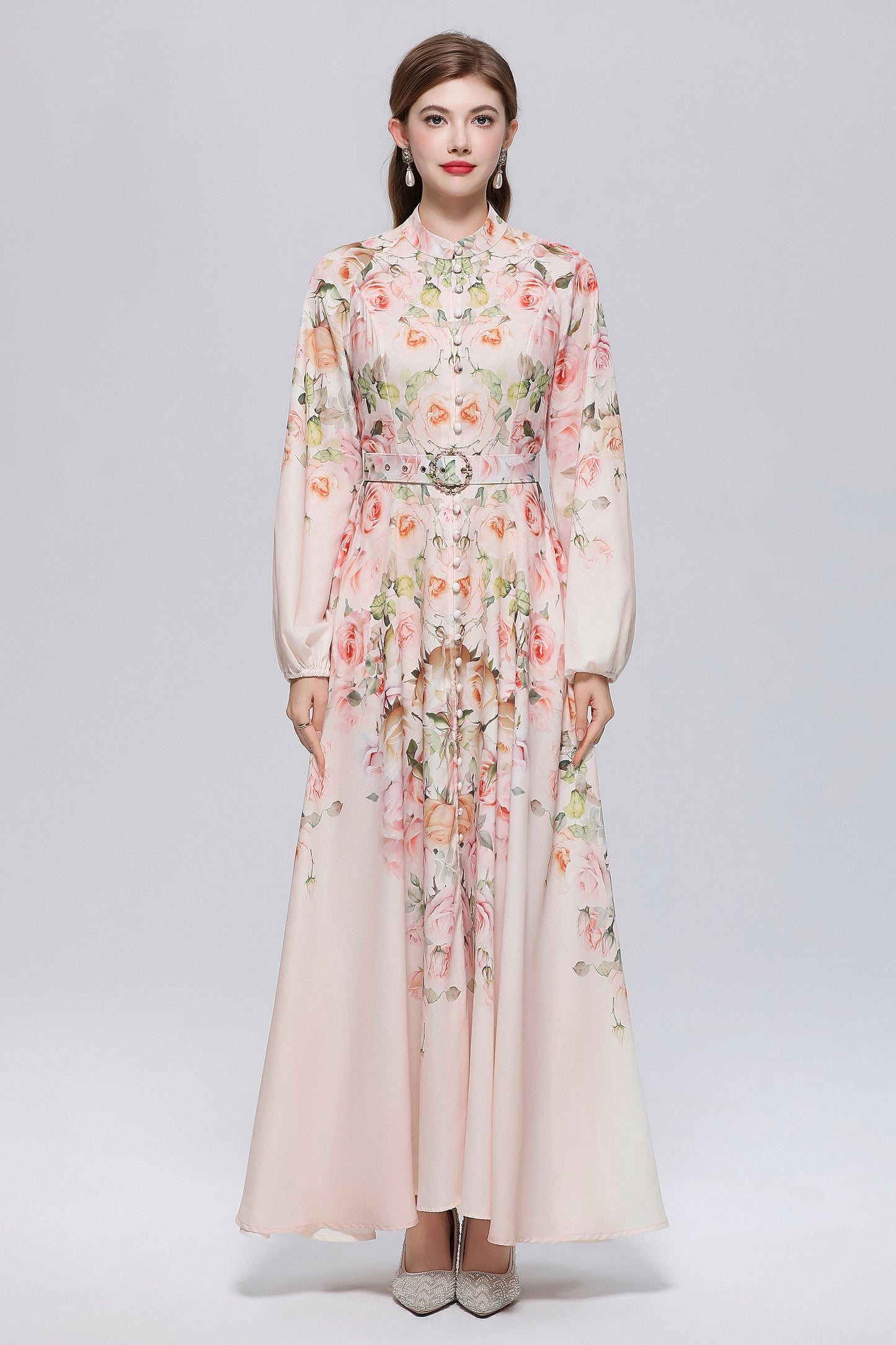 26-Women Floral Print Button Flowy Maxi Belt Dress