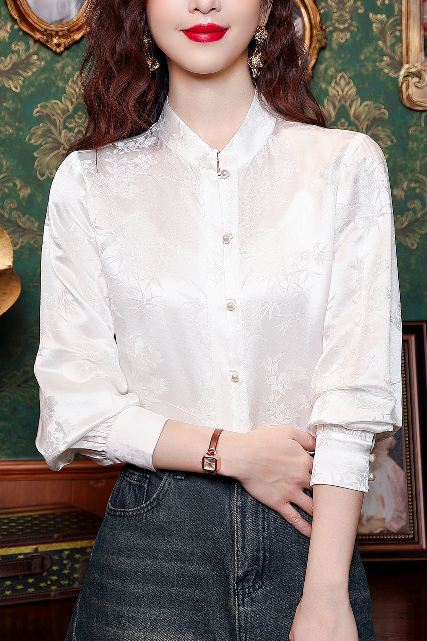 Women's Silk Satin Jacquard Long Sleeve Blouses