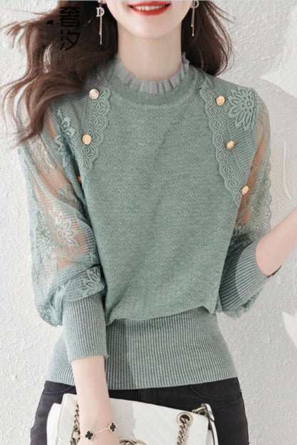 Women's Turtleneck Sweater Lantern Sleeves  Lace Tops - LAI MENG FIVE CATS