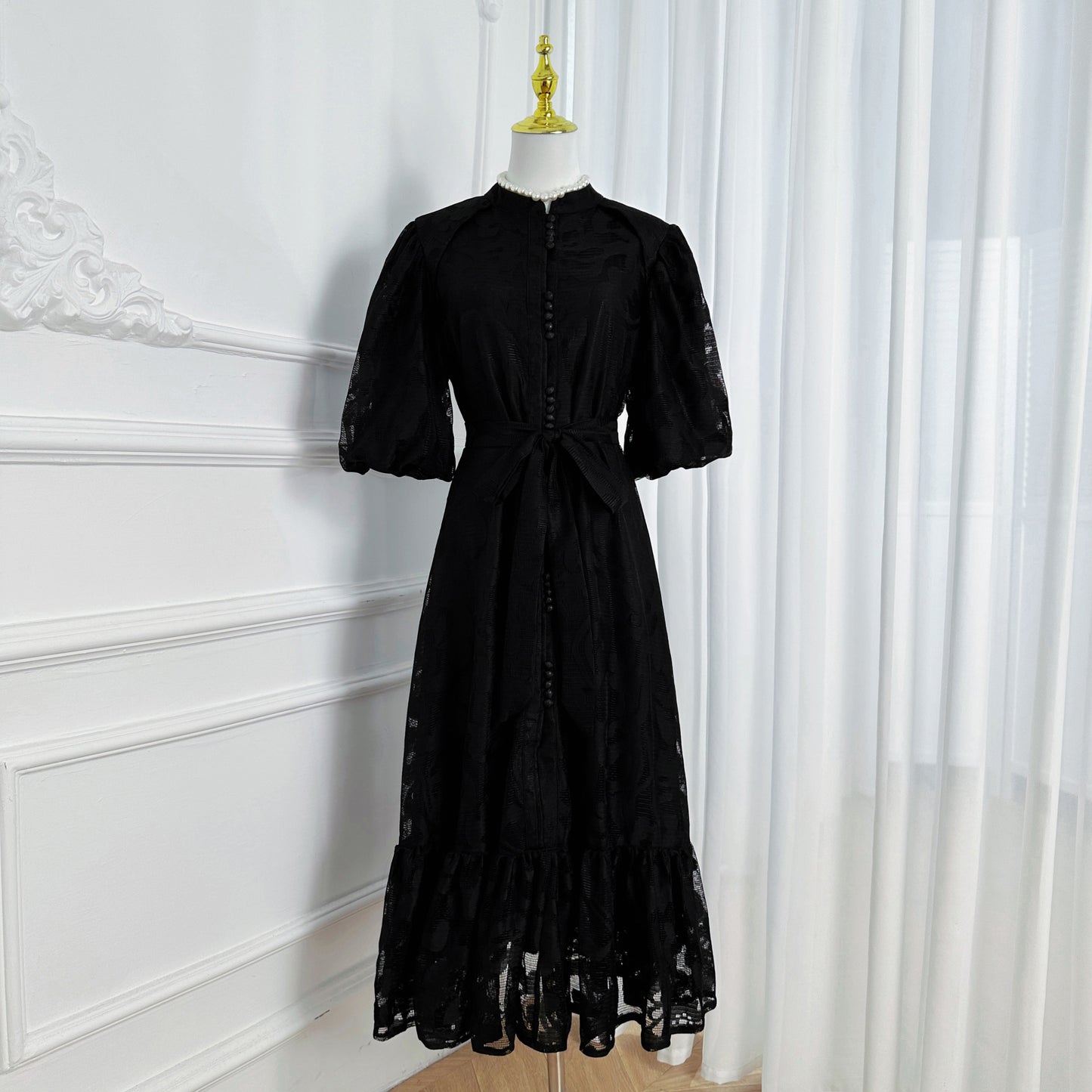 Loose Lace Midi Dress with Front Buttons, Ruffle Hem & Fully Lined - LAI MENG FIVE CATS