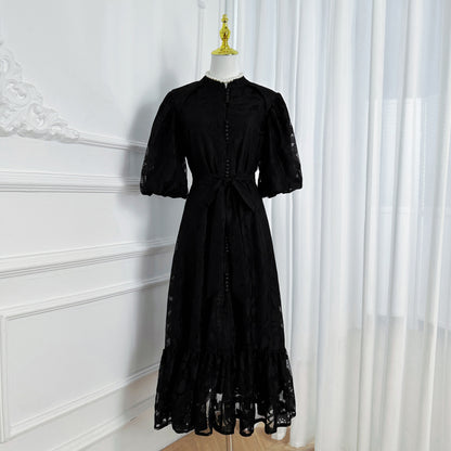 Loose Lace Midi Dress with Front Buttons, Ruffle Hem & Fully Lined - LAI MENG FIVE CATS
