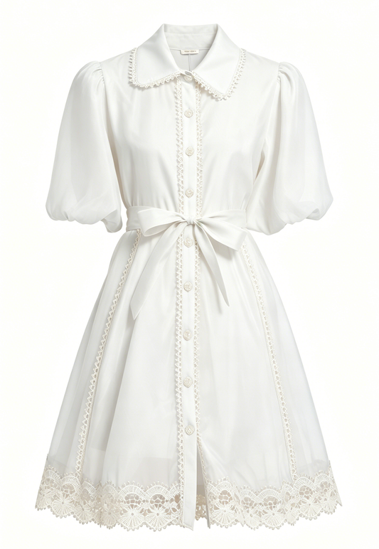 White Lace Trim Organza Mini Dress