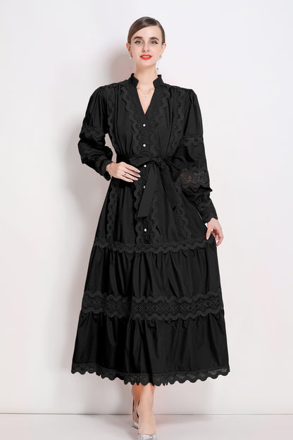 Women's V-Neck Puff Sleeve Lace Tiered Maxi Dress