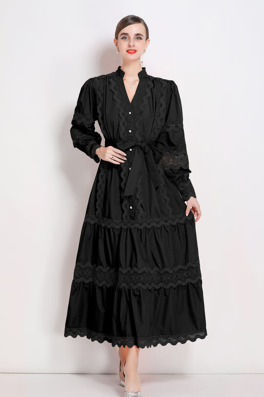 Women's V-Neck Puff Sleeve Lace Tiered Maxi Dress