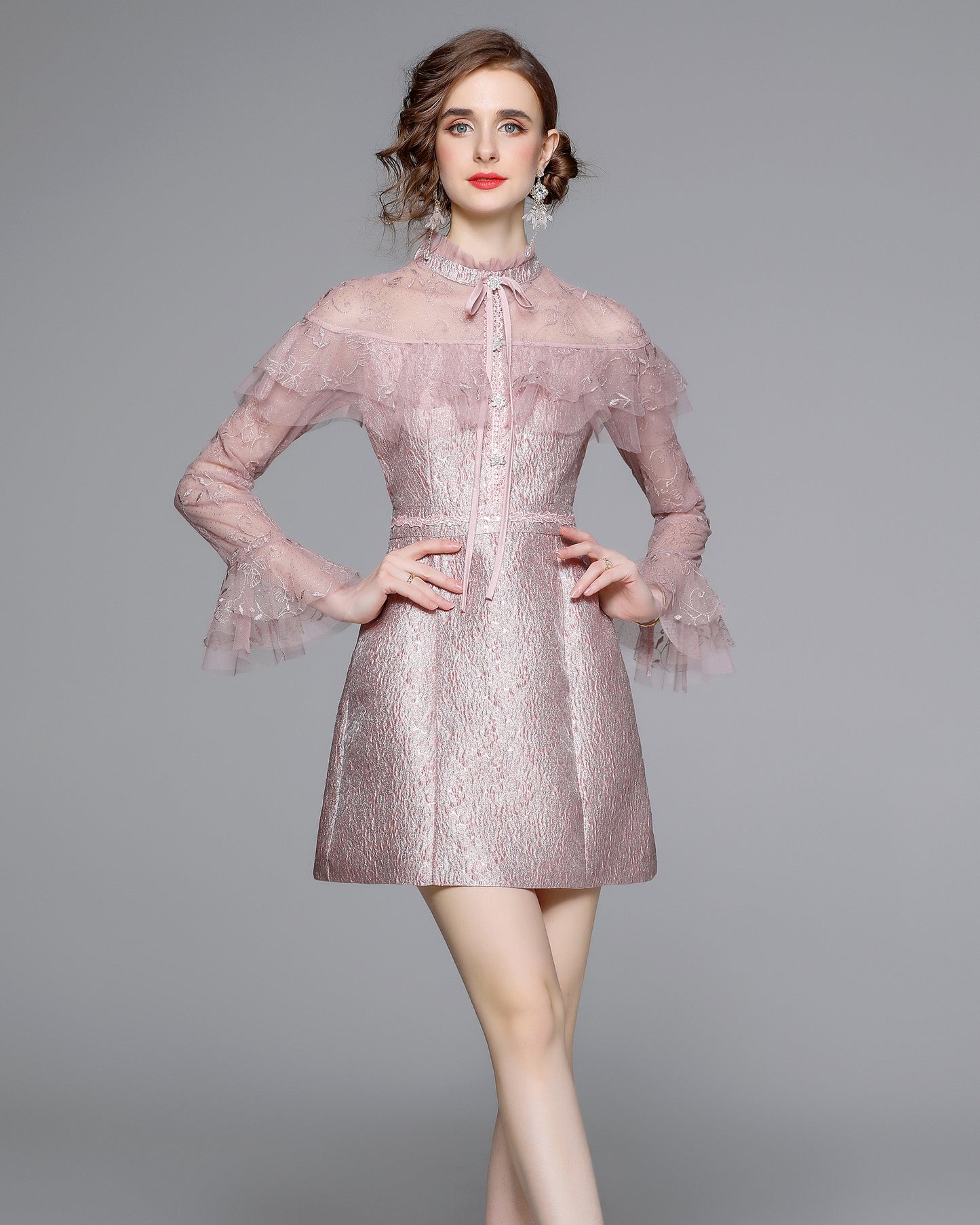 Pink Lace Ruffle Tie-Neck Mini Dress - LAI MENG FIVE CATS