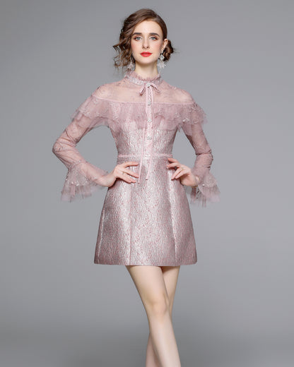 Pink Lace Ruffle Tie-Neck Mini Dress - LAI MENG FIVE CATS