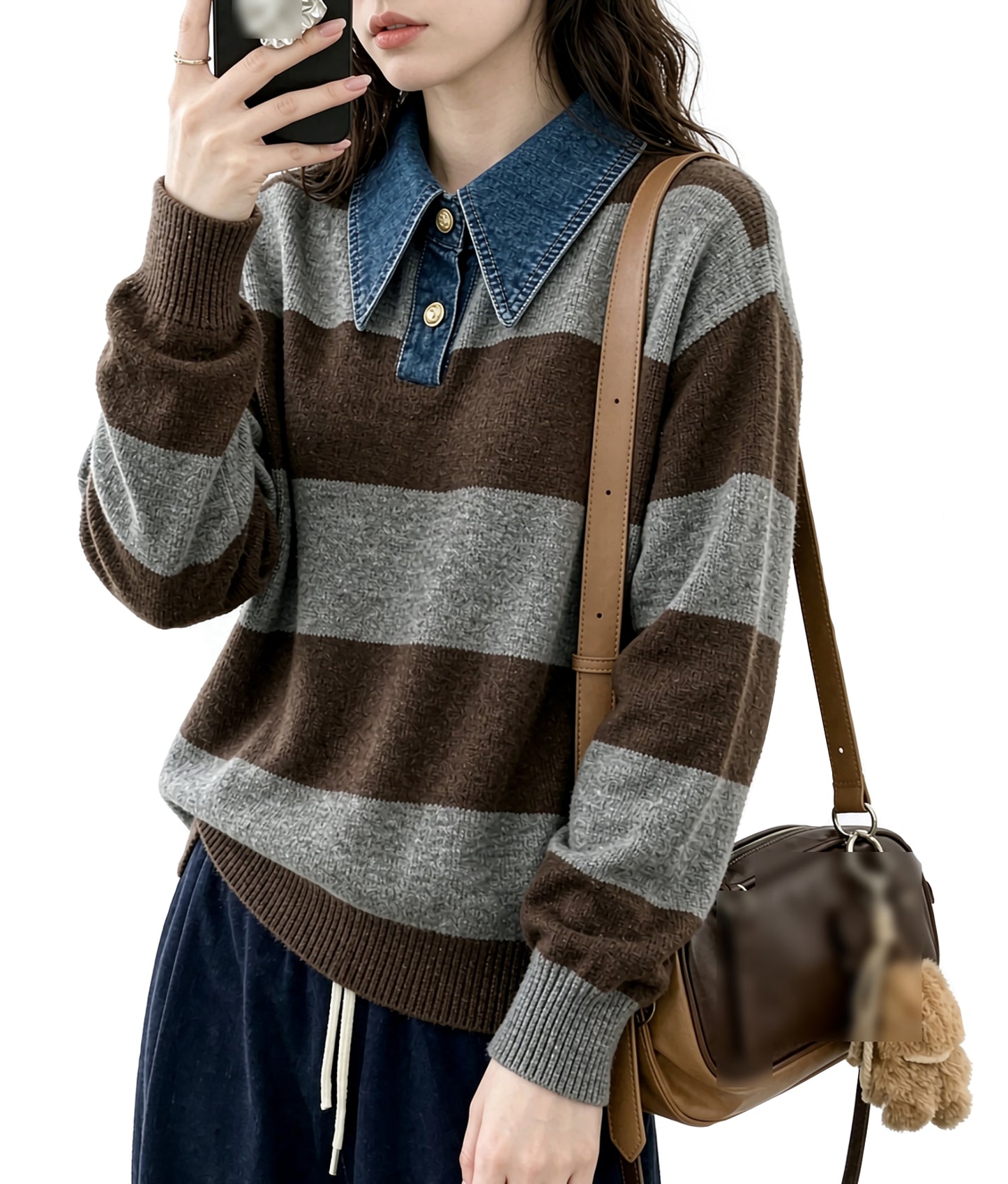 Striped Casual Knit Sweater with Denim Collar