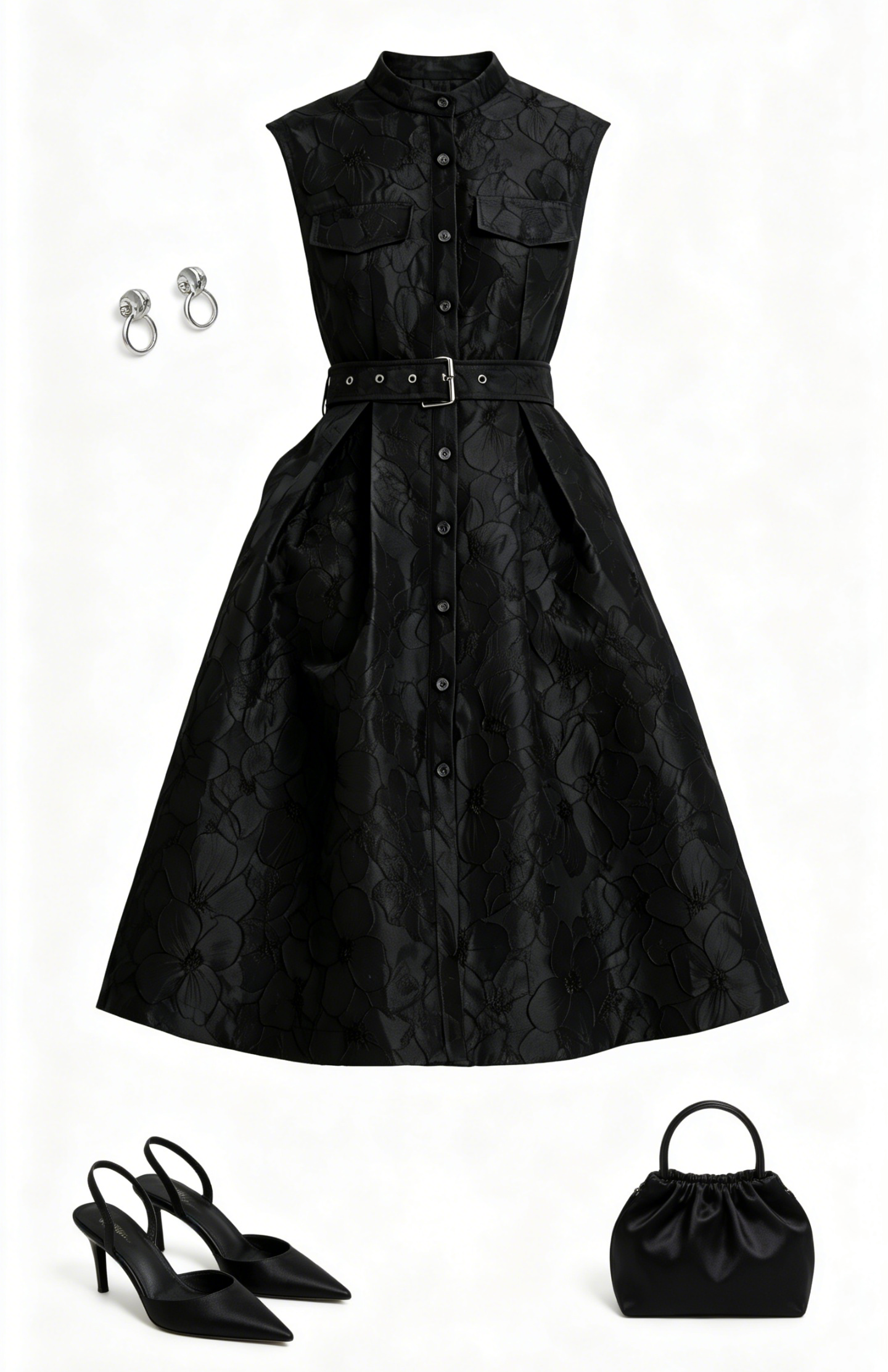 Black Jacquard Button Up Midi Dress With Belts - LAI MENG FIVE CATS