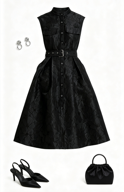 Black Jacquard Button Up Midi Dress With Belts - LAI MENG FIVE CATS