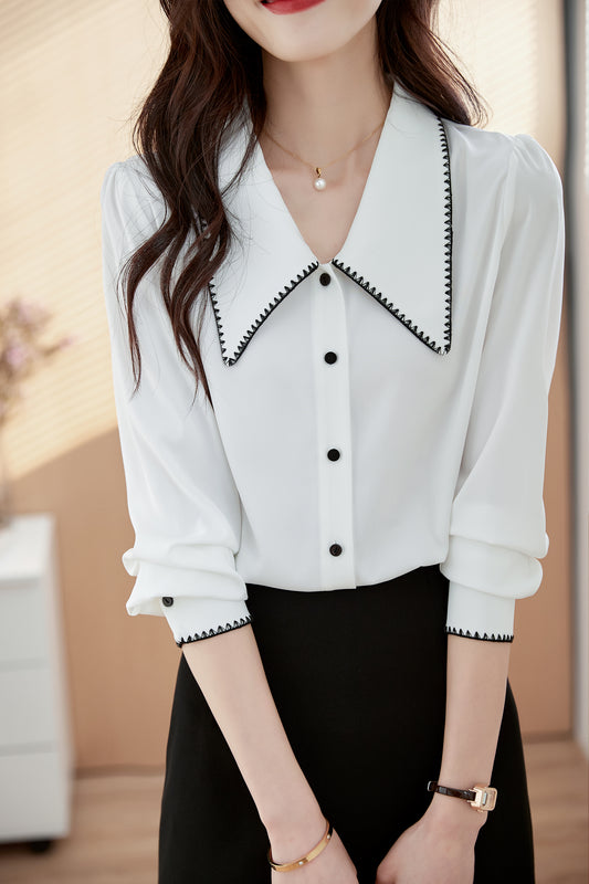 Women's Contrast Collar V Neck Lantern Sleeve Blouse
