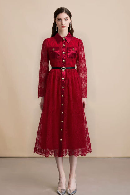 Women's Long Sleeve Lace Silk Patchwork Midi Dress - LAI MENG FIVE CATS