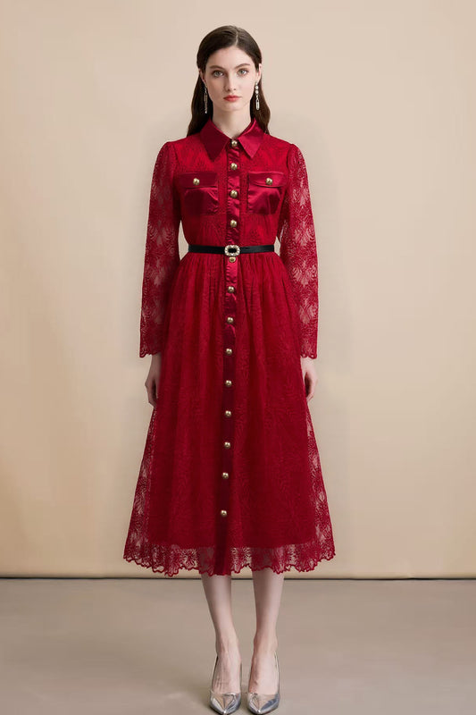 Women's Long Sleeve Lace Silk Patchwork Midi Dress - LAI MENG FIVE CATS