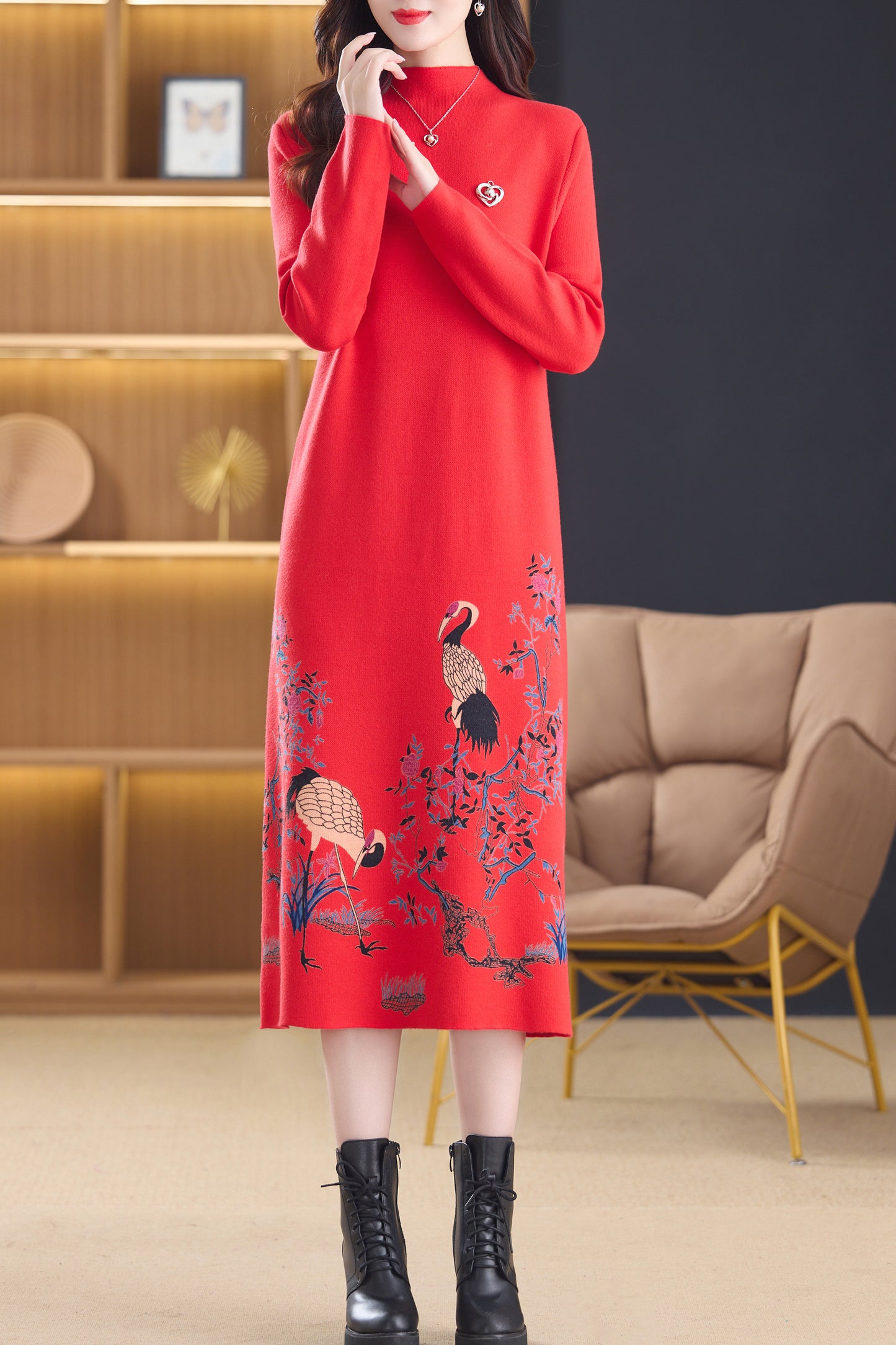 Women's Turtleneck Sweater Long Sleeve Red Dress