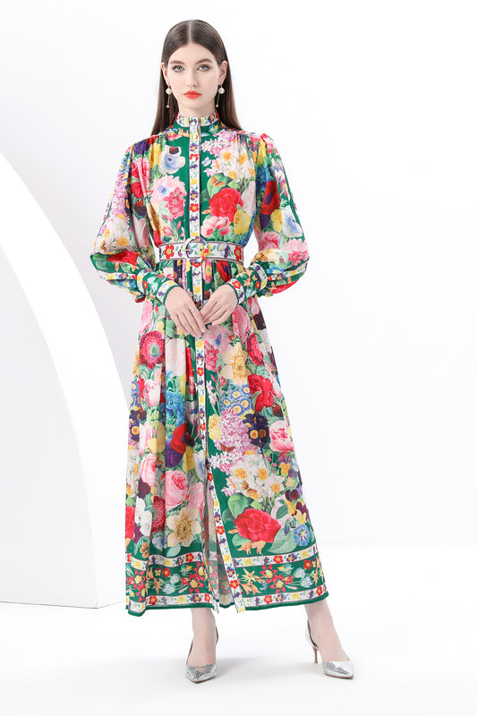 Women's Printed High-neck Puff Sleeves Maxi Dress