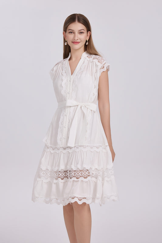 Women's Lace Sleeveless V-Neck Ruffle Midi Dress